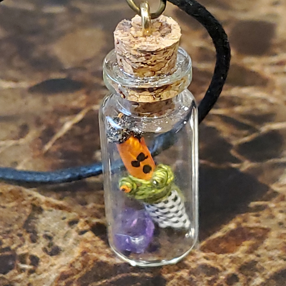 Voodoo Doll Worry Doll Amethyst Wish Bottle Spell Charm Necklace Handmade